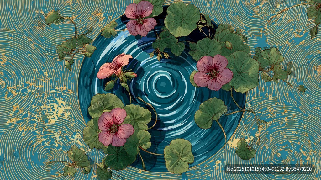 藍(lán)盤浮花綠植藝術(shù)畫面