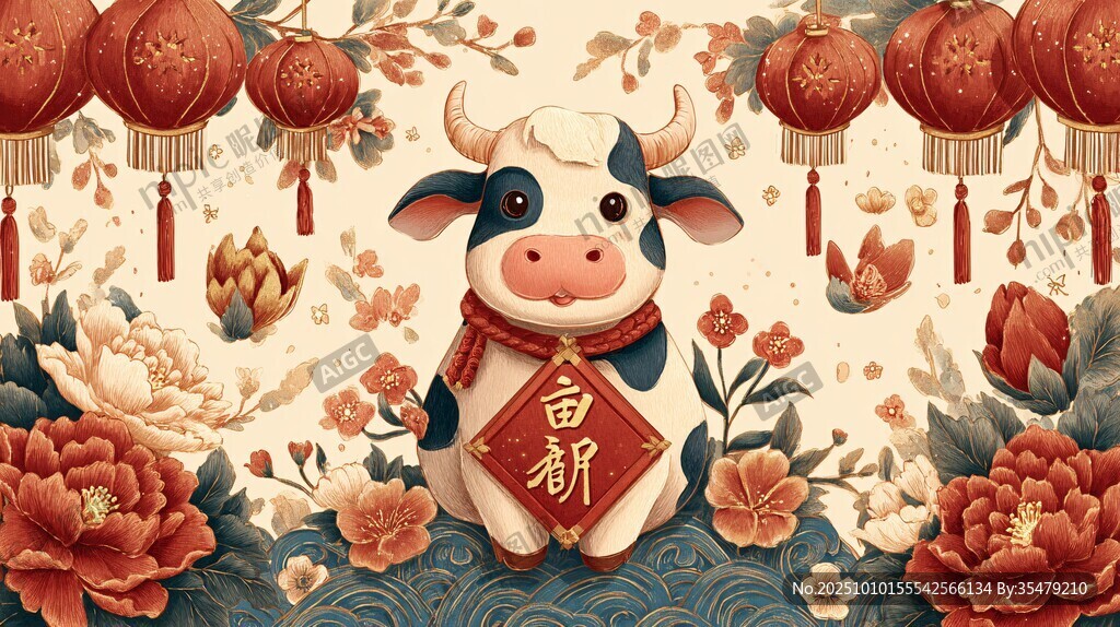 牛年新春插畫 萌牛送福