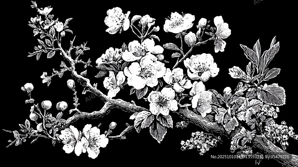 黑白花卉枝椏精致畫(huà)面