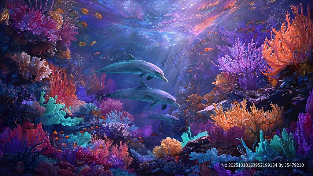 夢幻海底世界的海豚與珊瑚