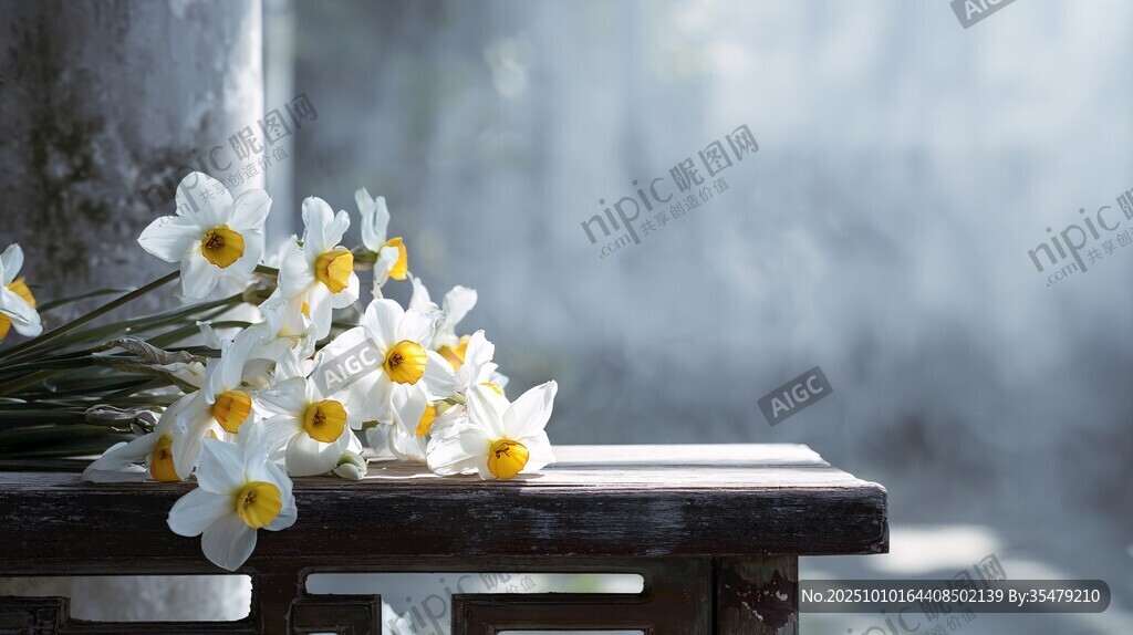 桌上綻放的清新水仙花