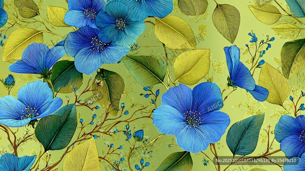 藍(lán)花綠葉的清新花卉圖案