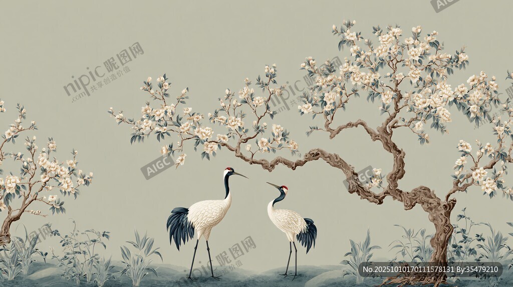 中式花鳥圖 雙鶴棲于繁花樹