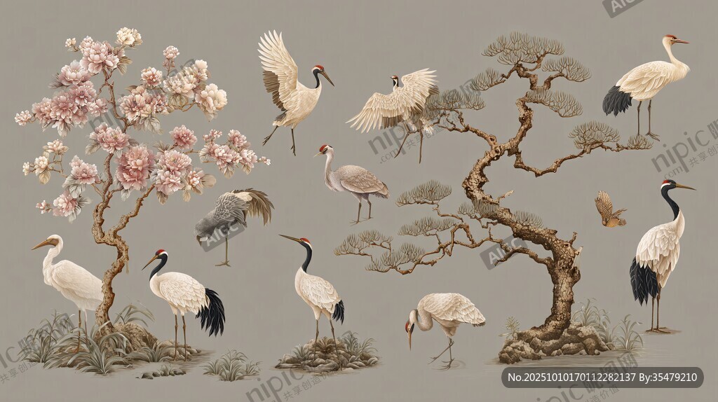 中式花鳥圖 鶴與松梅景致