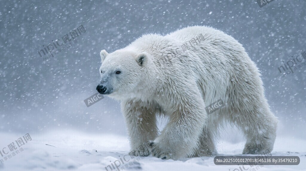 雪地中的北極熊漫步