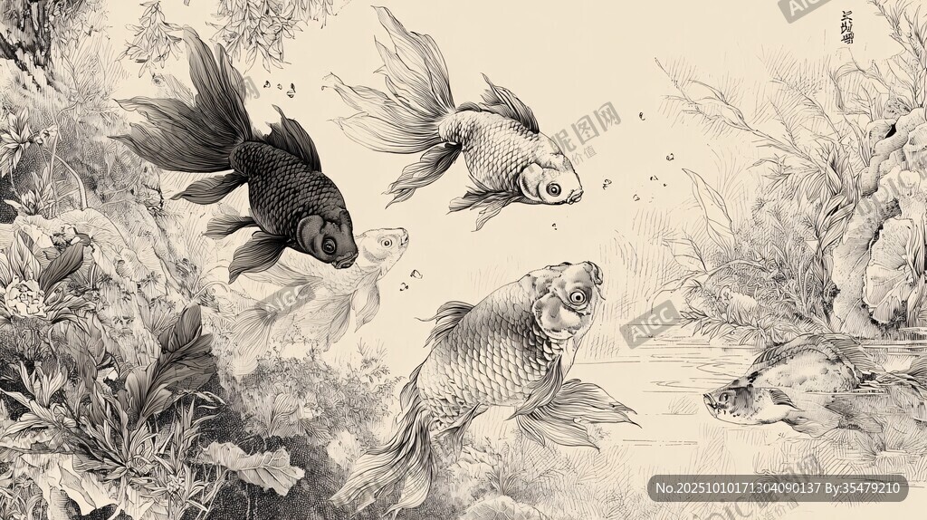水墨風金魚水中嬉戲圖