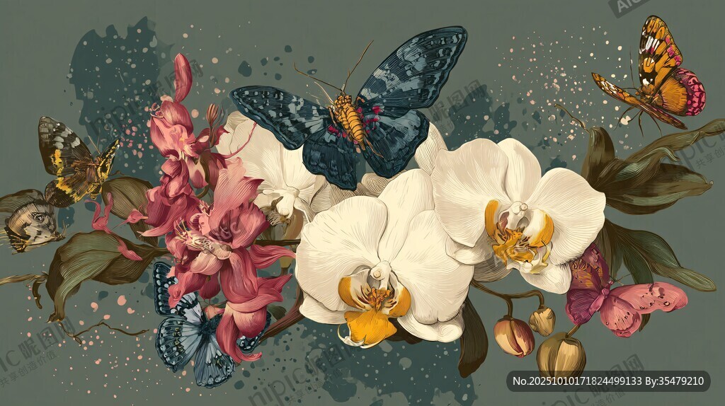 蝴蝶伴蘭花的夢幻插畫