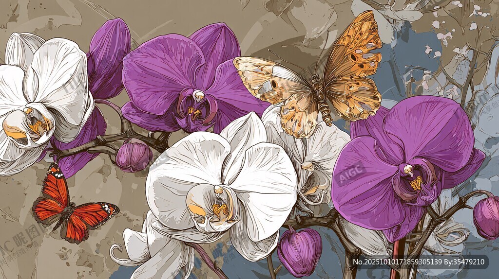 蝴蝶伴蘭花的唯美插畫