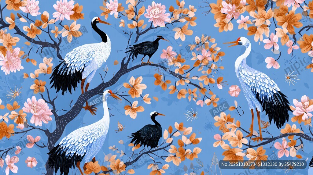 藍(lán)底花鳥圖 鶴棲繁花間