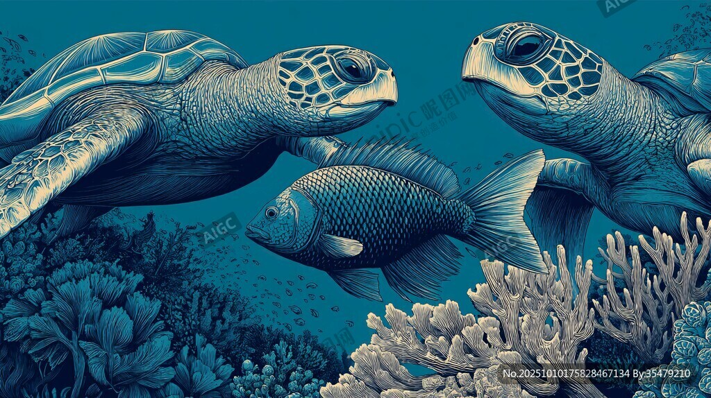 海龜與魚共游海底世界