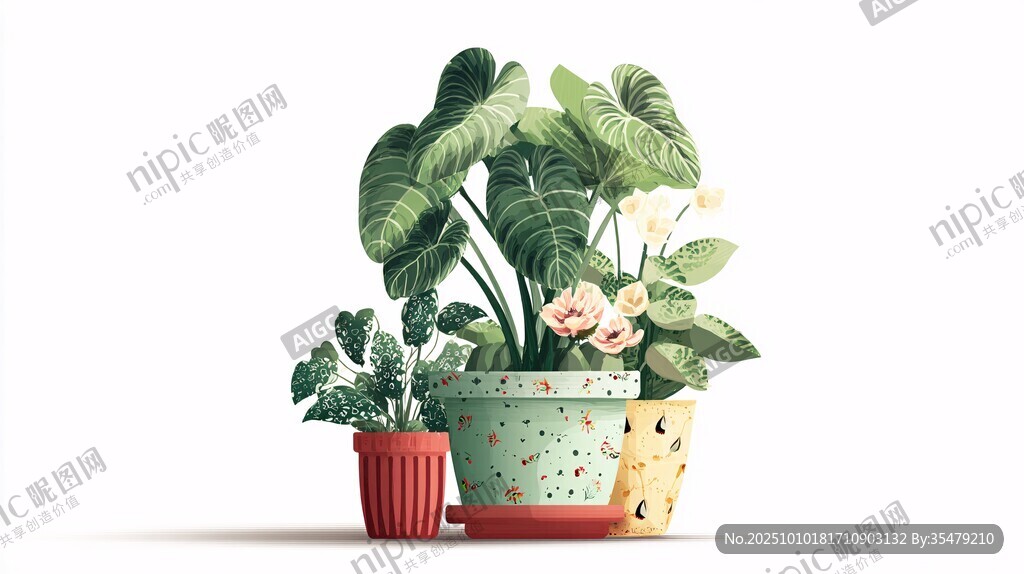 多彩花盆中的清新綠植