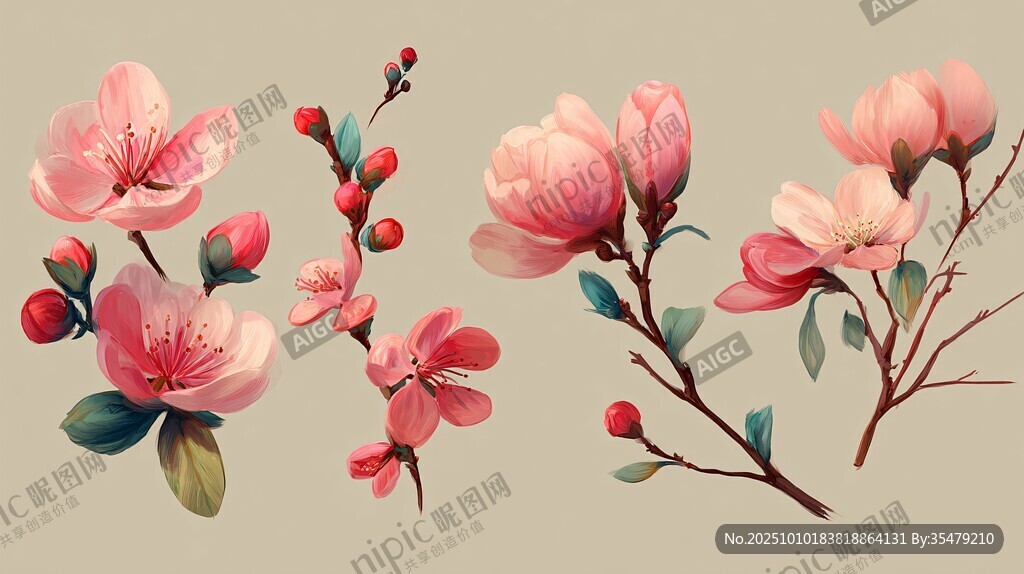 粉色花卉插畫 柔美春意濃