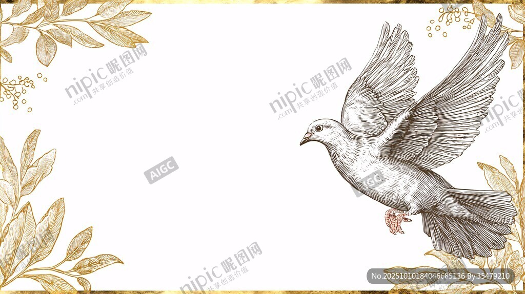金色邊框白鴿花卉裝飾圖