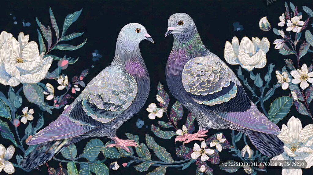 雙鴿棲花圖