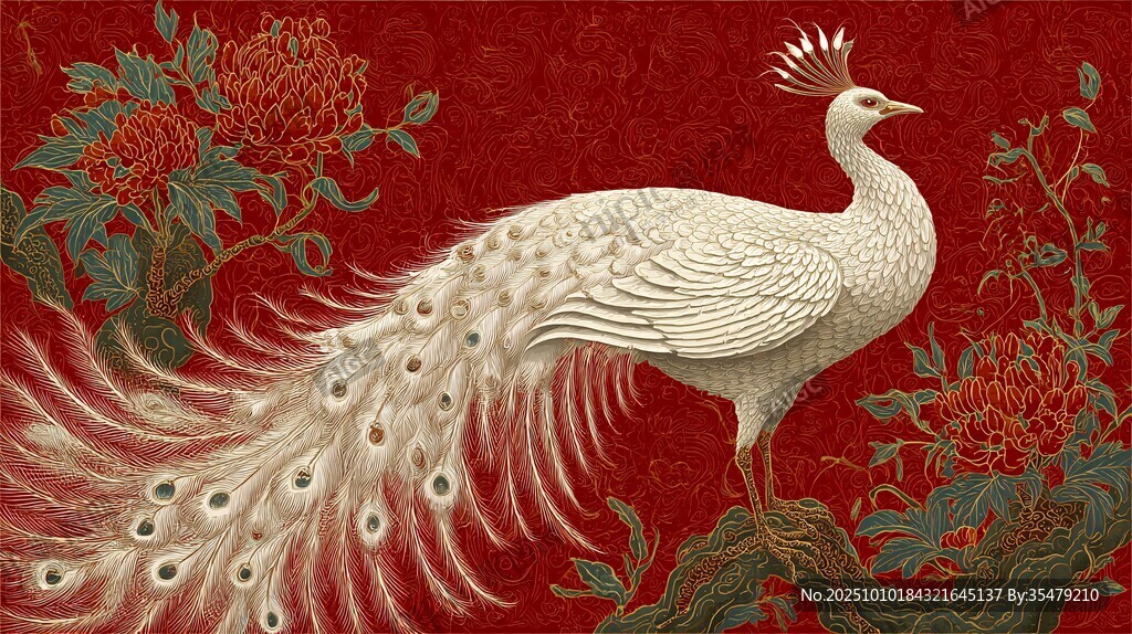 紅底白孔雀與花卉圖案