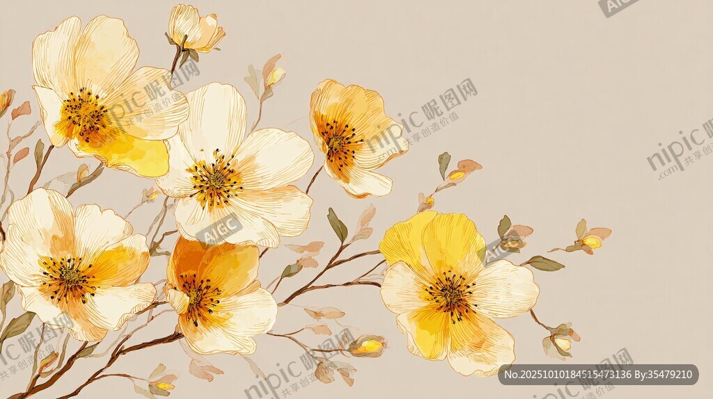 淡黃色花卉插畫藝術(shù)作品
