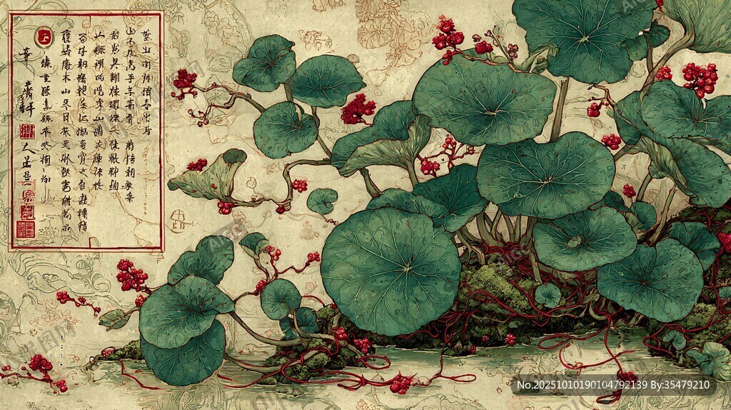 中式風(fēng)銅錢草花卉插畫