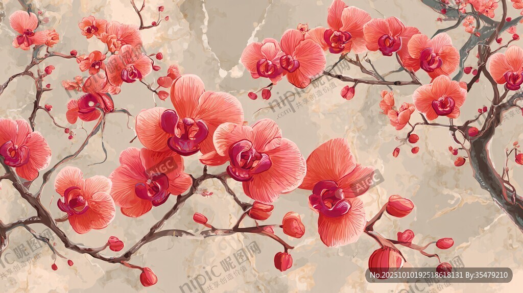 嬌艷紅蘭花枝綻放圖