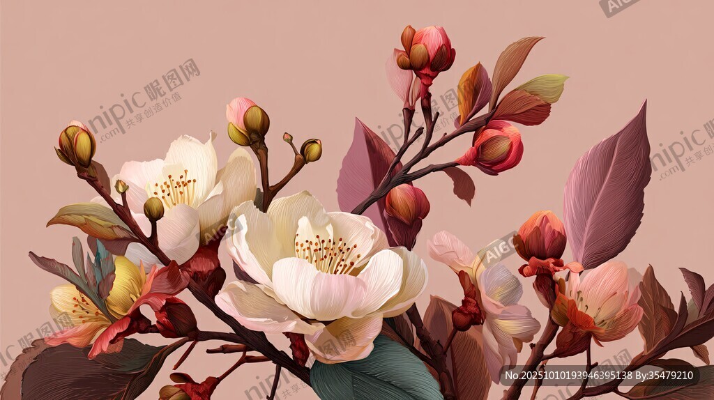 嬌艷山茶花卉精美插畫