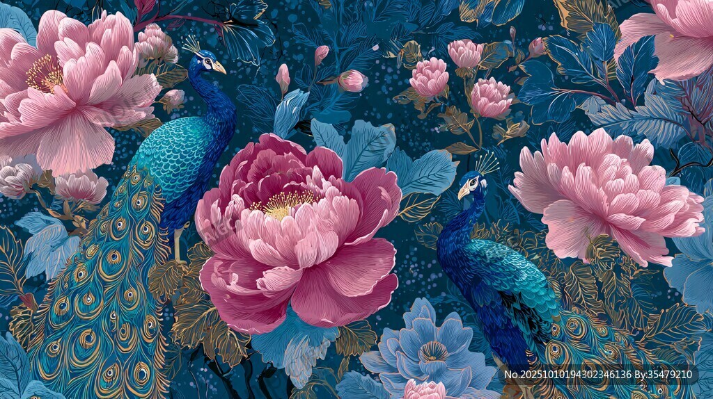 孔雀牡丹圖 中式花卉風(fēng)情