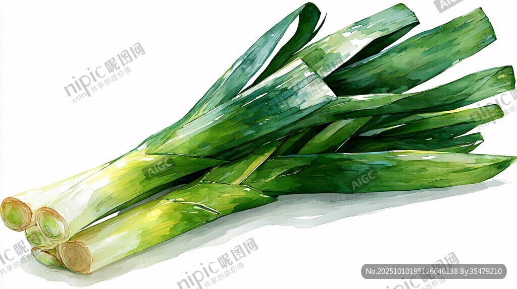 新鮮翠綠大蔥水彩畫