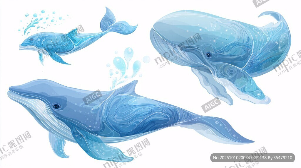 三只藍色夢幻鯨魚插畫