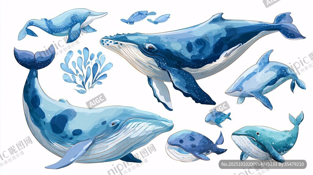 水彩風(fēng)海洋鯨魚插畫元素