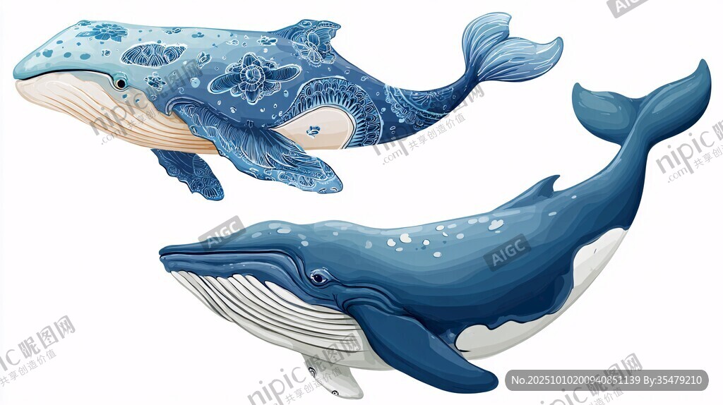 兩只夢(mèng)幻藍(lán)鯨魚(yú)插畫(huà)