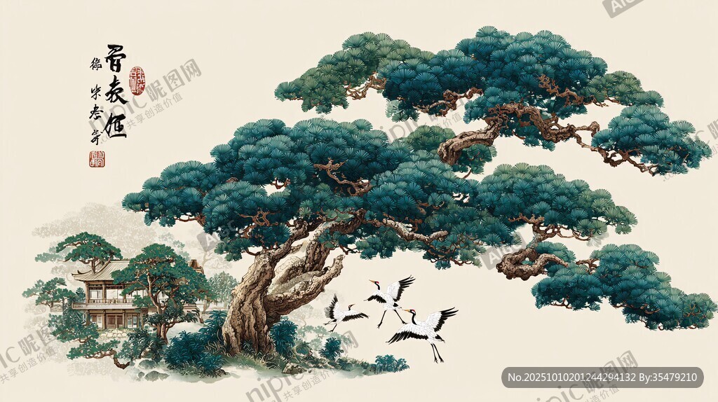 迎客松國畫 鶴舞山林間