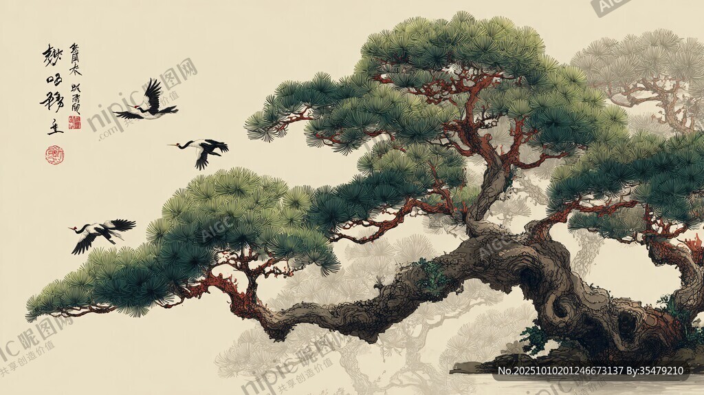 迎客松飛鳥圖