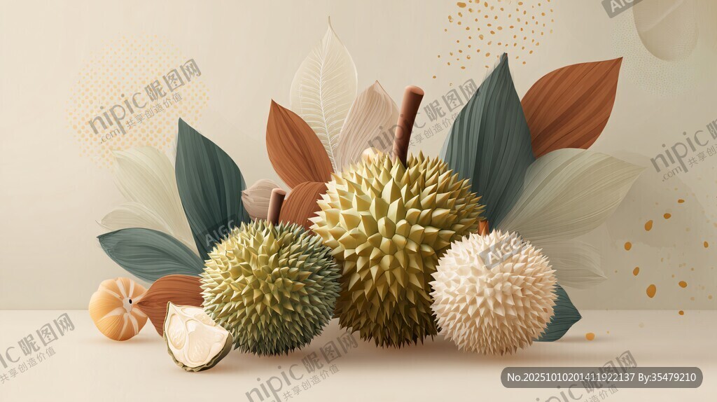 多彩榴蓮與葉片靜物展示