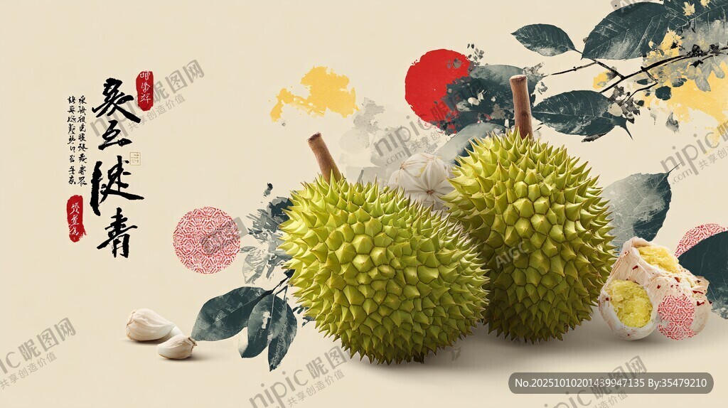 中式風(fēng)榴蓮插畫藝術(shù)圖
