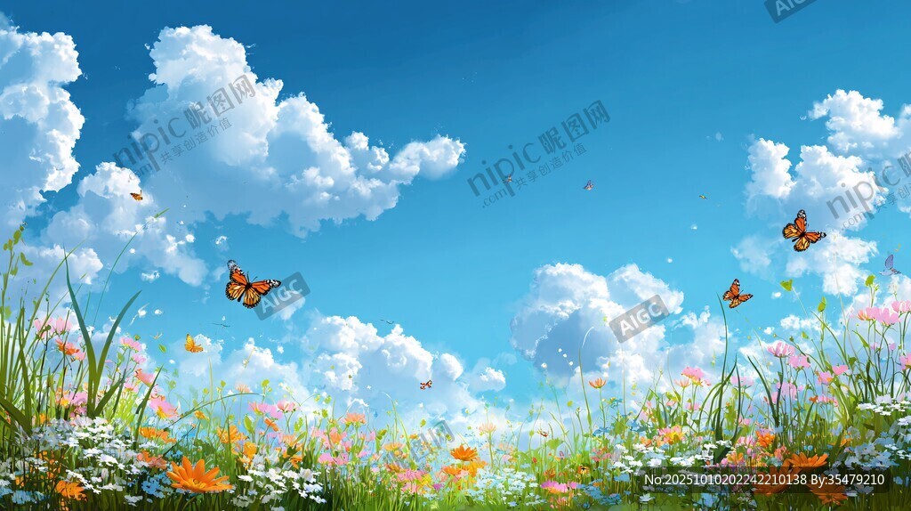 藍(lán)天白云下的繽紛花海