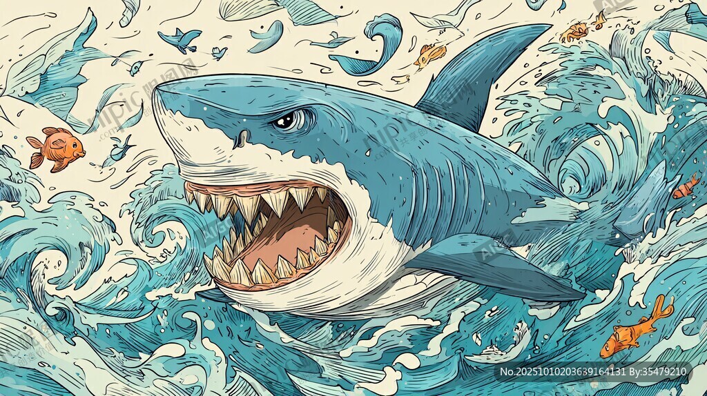 兇猛鯊魚暢游于波濤海洋