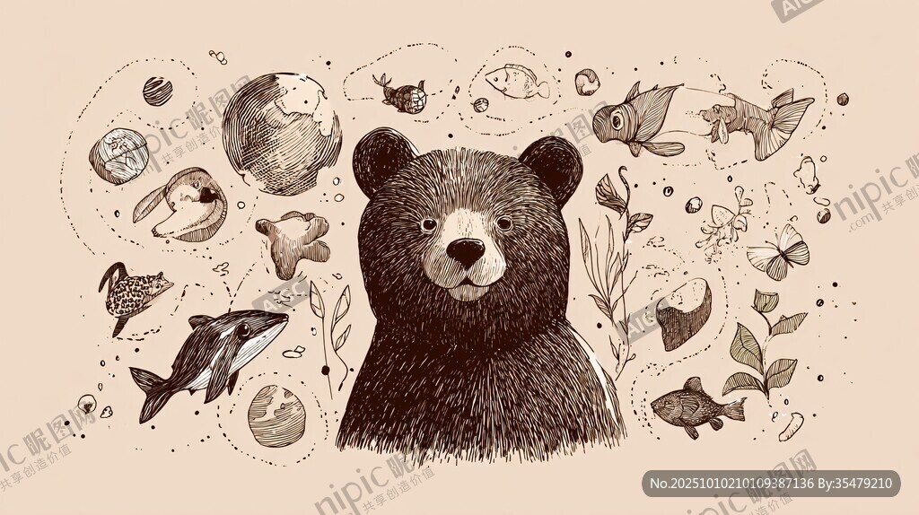 熊與海洋生物的夢(mèng)幻插畫
