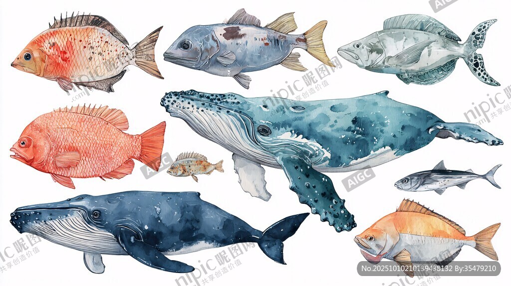 水彩海洋魚類與鯨魚插畫
