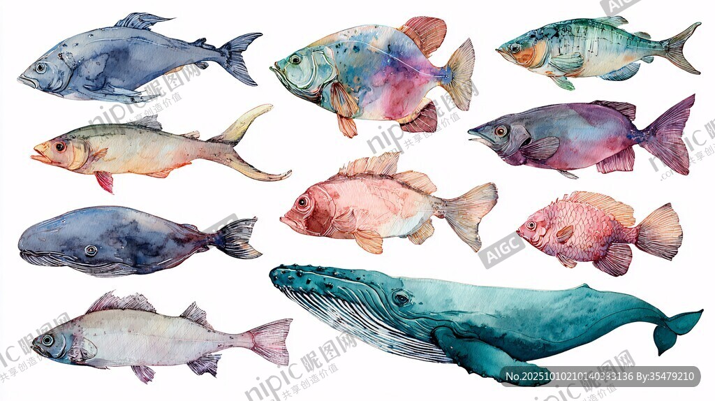 水彩繪多彩魚(yú)類(lèi)與鯨魚(yú)