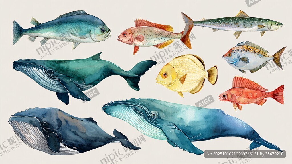 水彩繪海洋魚類與鯨魚