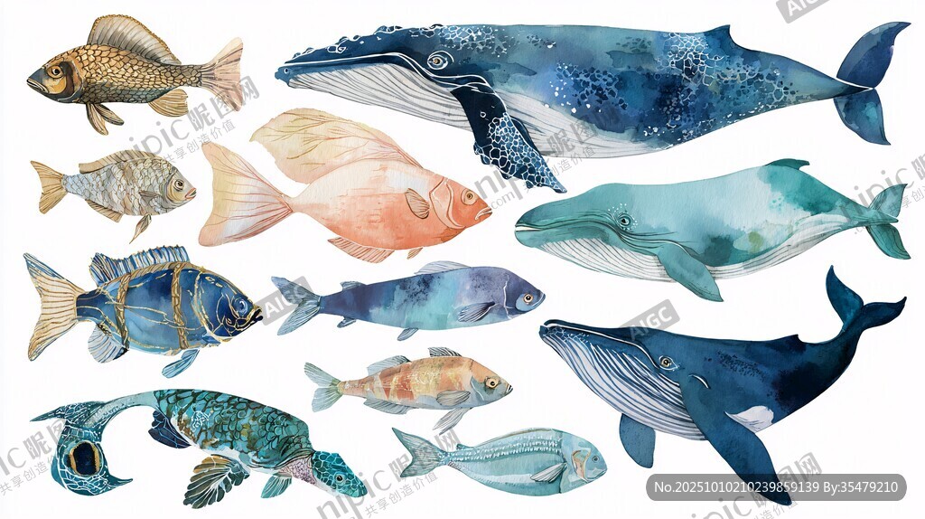 水彩海洋魚類鯨魚插畫集合