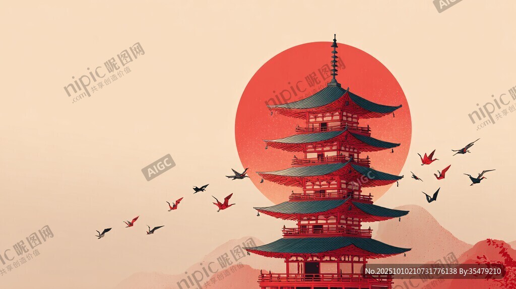 夕陽(yáng)下的古風(fēng)塔樓與飛鳥(niǎo)