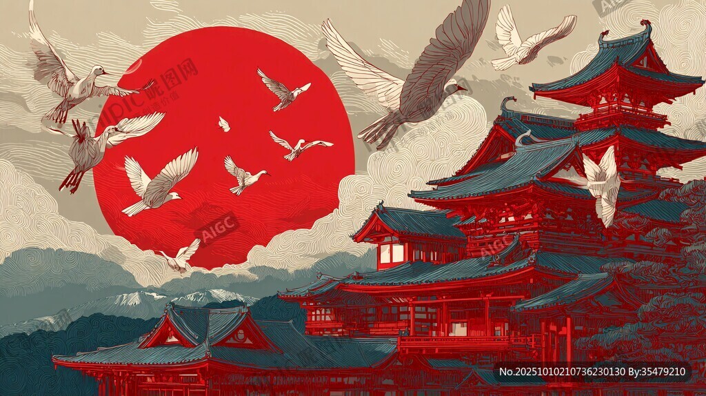 日式古風(fēng)建筑與飛鳥紅日