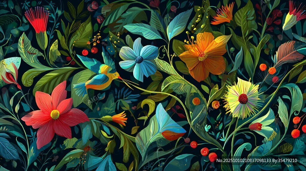 夢幻絢麗花卉插畫