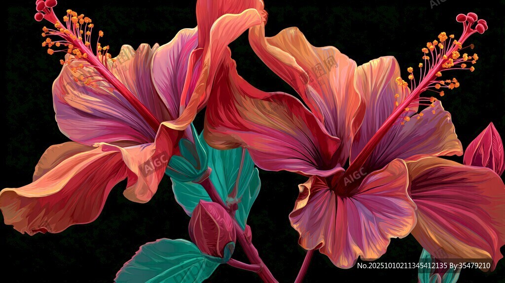 艷麗雙色木槿花插畫