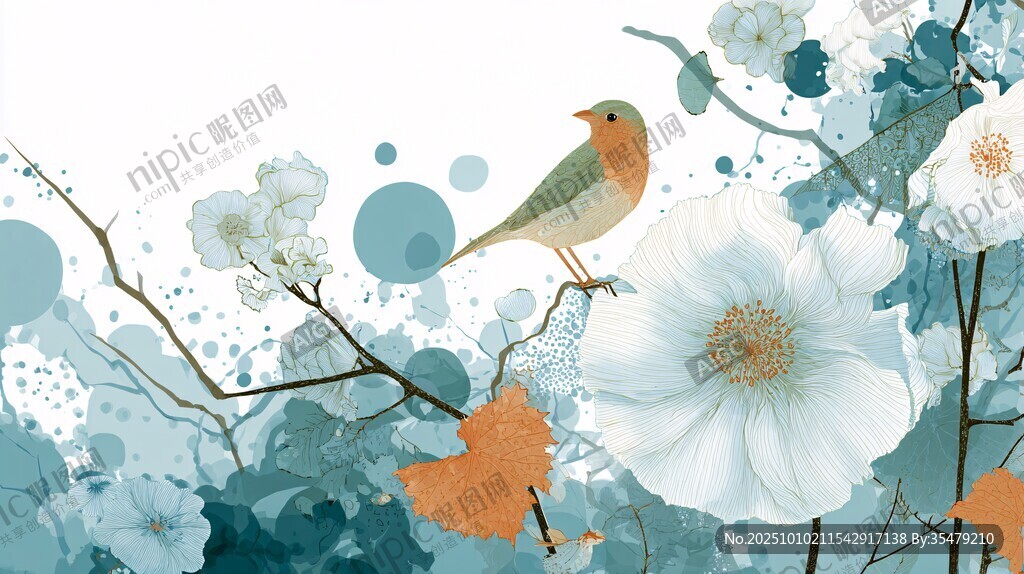 藍(lán)白花卉間的小鳥