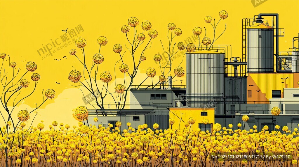 黃色花海旁的工業(yè)設(shè)施景觀