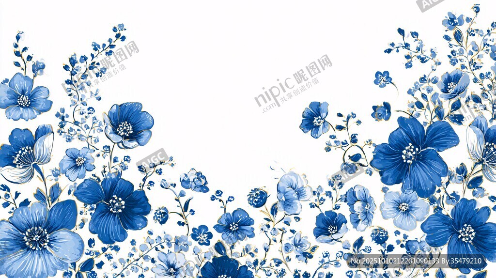 藍(lán)白花卉邊框裝飾圖案