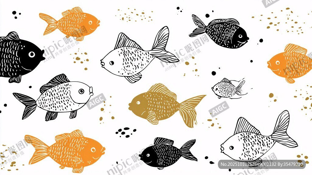 手繪多彩金魚圖案素材