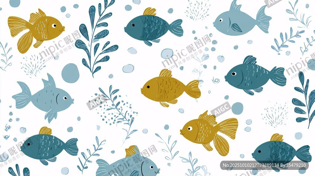 可愛小魚與植物圖案背景