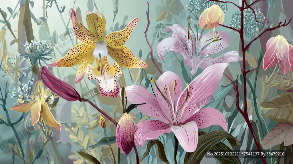 夢幻花卉叢林插畫