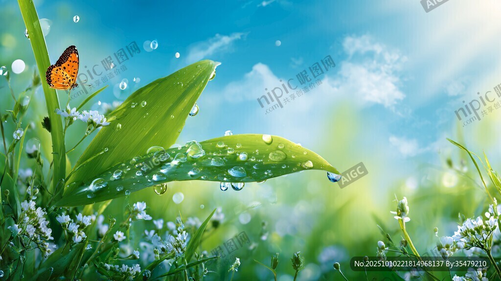 春日綠野上的蝴蝶與露珠